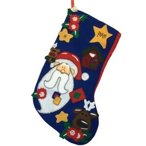 Christmas Stocking Felt Embellished Applique Santa Deer Holly Bell Lined 21"
